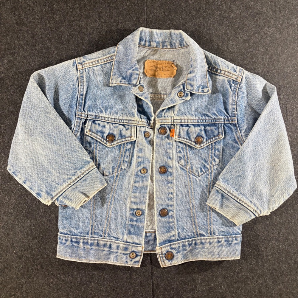 Vintage Levi's Denim Jacket Kids Size 7 Light Wash Orange Tab 90s Made in USA
